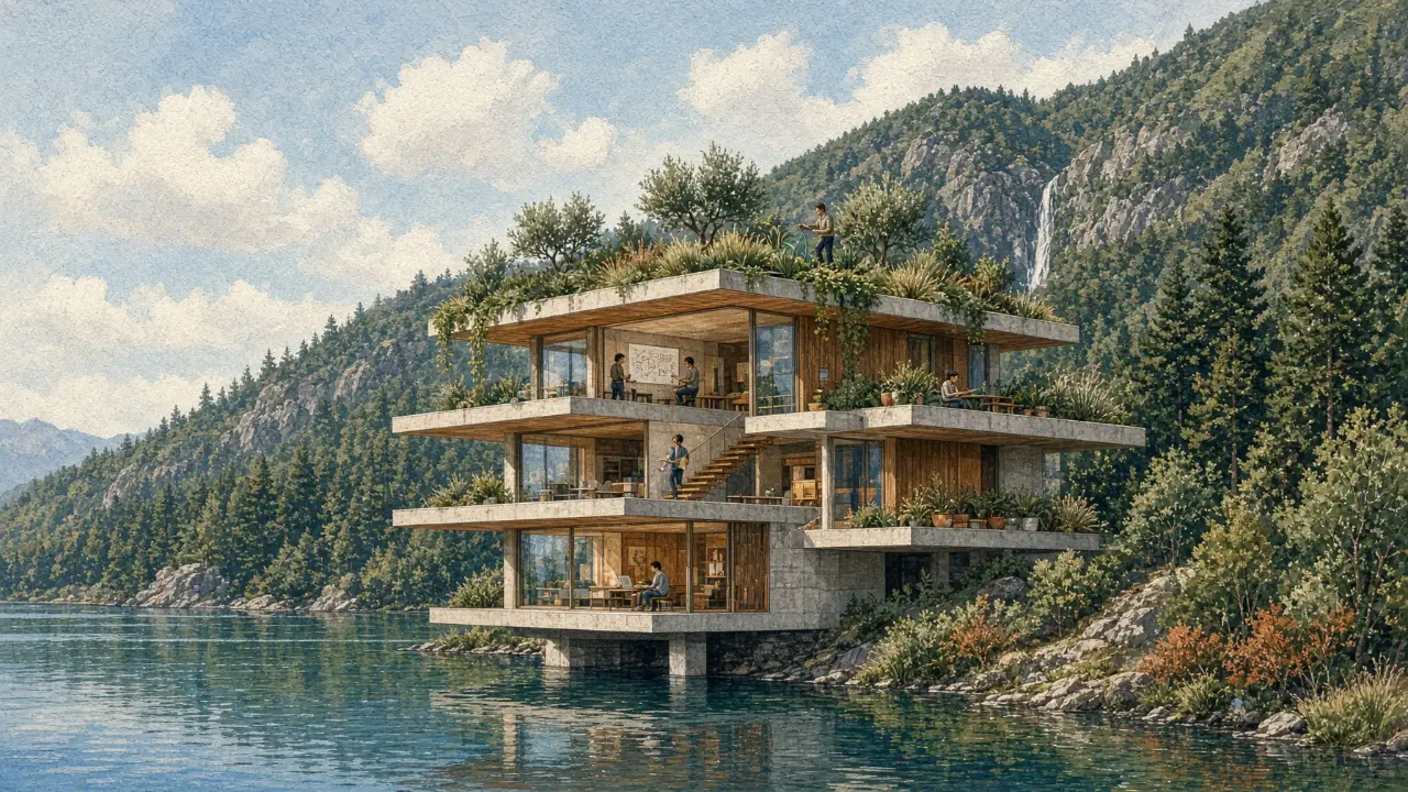 A modern house in nature, where a small team is at work